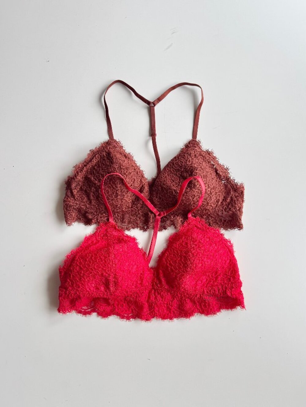 Lot of 2 AERIE Red Brown Eyelash Lace Y-Strap Racerback Bralettes, Size M